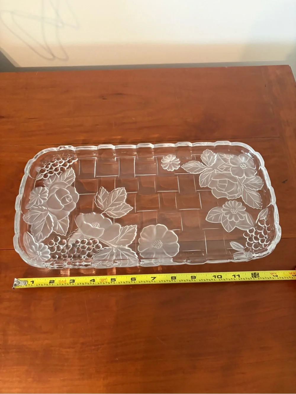 Frosted Floral Crystal Serving Tray 14.5” Crystal Clear Napoli Japan